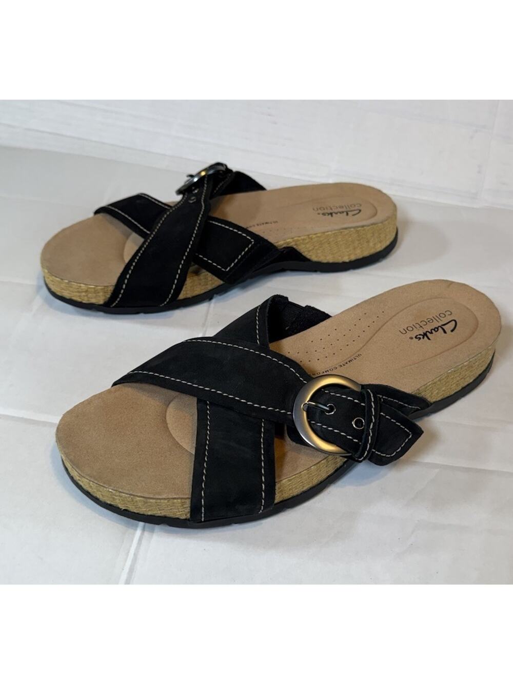 NEW Clarks Collection Womens 10W Nubuck Leather Slide Sandals Reileigh May Black